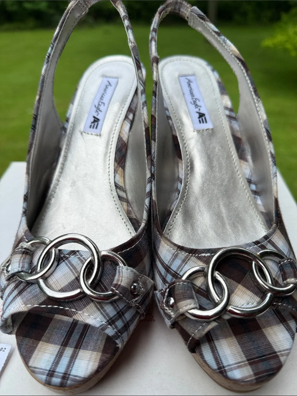 American Eagle Outfitters Brown Plaid Peep-Toe Slingback Wedge Sandals - Picture 2 of 14